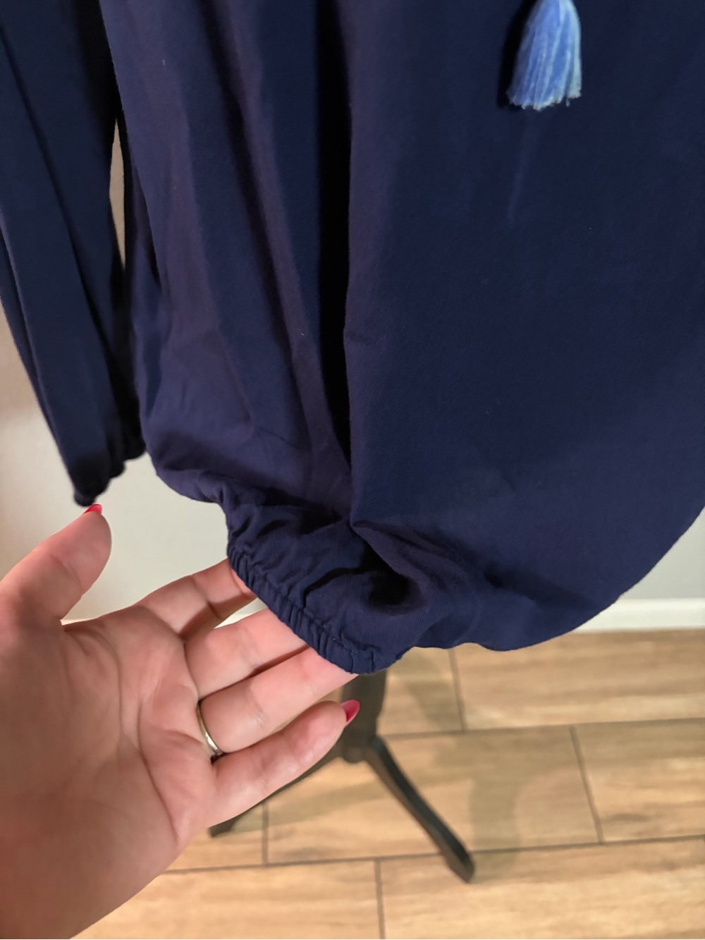 Southern Tide Embroidered Navy Peasant Blouse with Tassel Ties - Picture 6 of 9